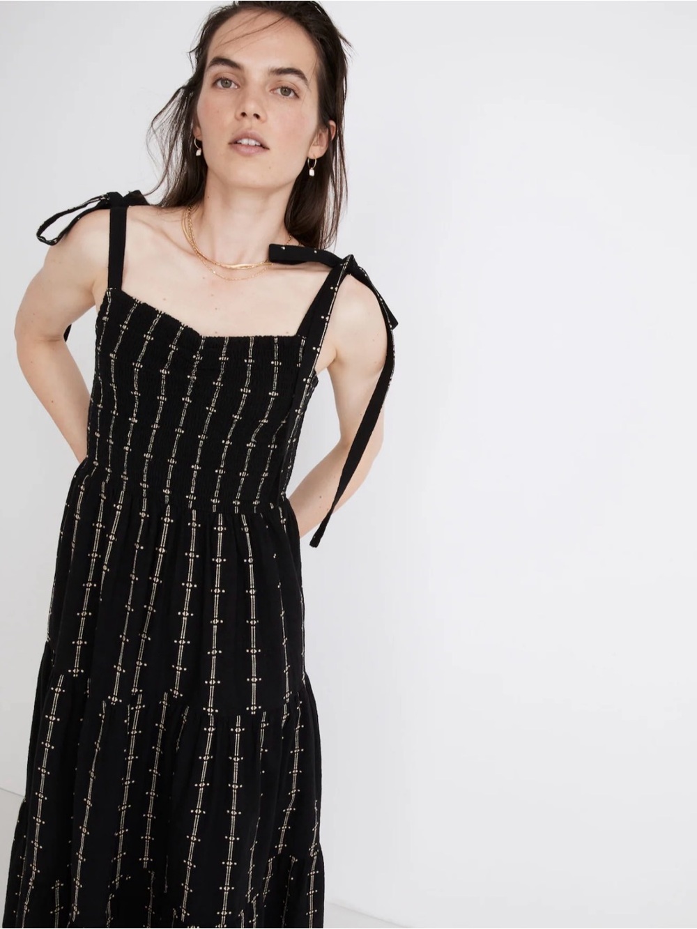 Lucie Tie-Strap Tiered Midi Dress in Jacquard Stripe
